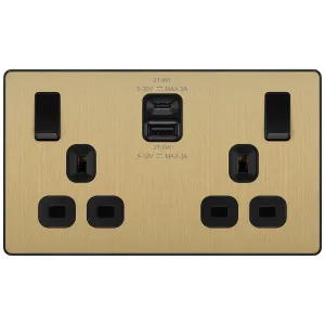 EVOLVE SATIN BRASS DOUBLE SWITCHED 13A POWER SOCKE