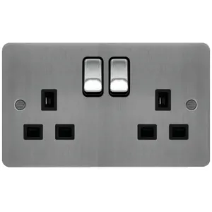 2G DP SWITCHED SOCKET BRUSH STEEL BLACK