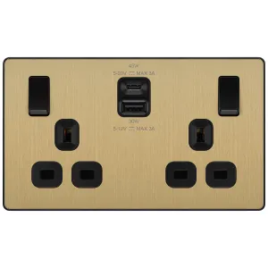 EVOLVE SATIN BRASS DOUBLE SWITCHED 13A POWER SOCKE