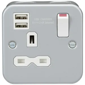 Metal Clad 13A 1G Switched Socket with Dual USB Ch