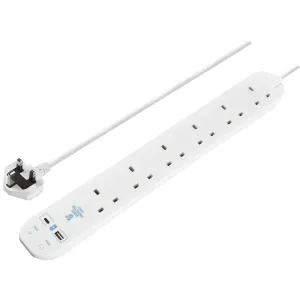 6 SKT 2M 13A SRG EXT LEAD + USB WHITE