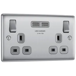 NEXUS METAL BRUSHED STEEL DOUBLE SWITCHED 13A POWE
